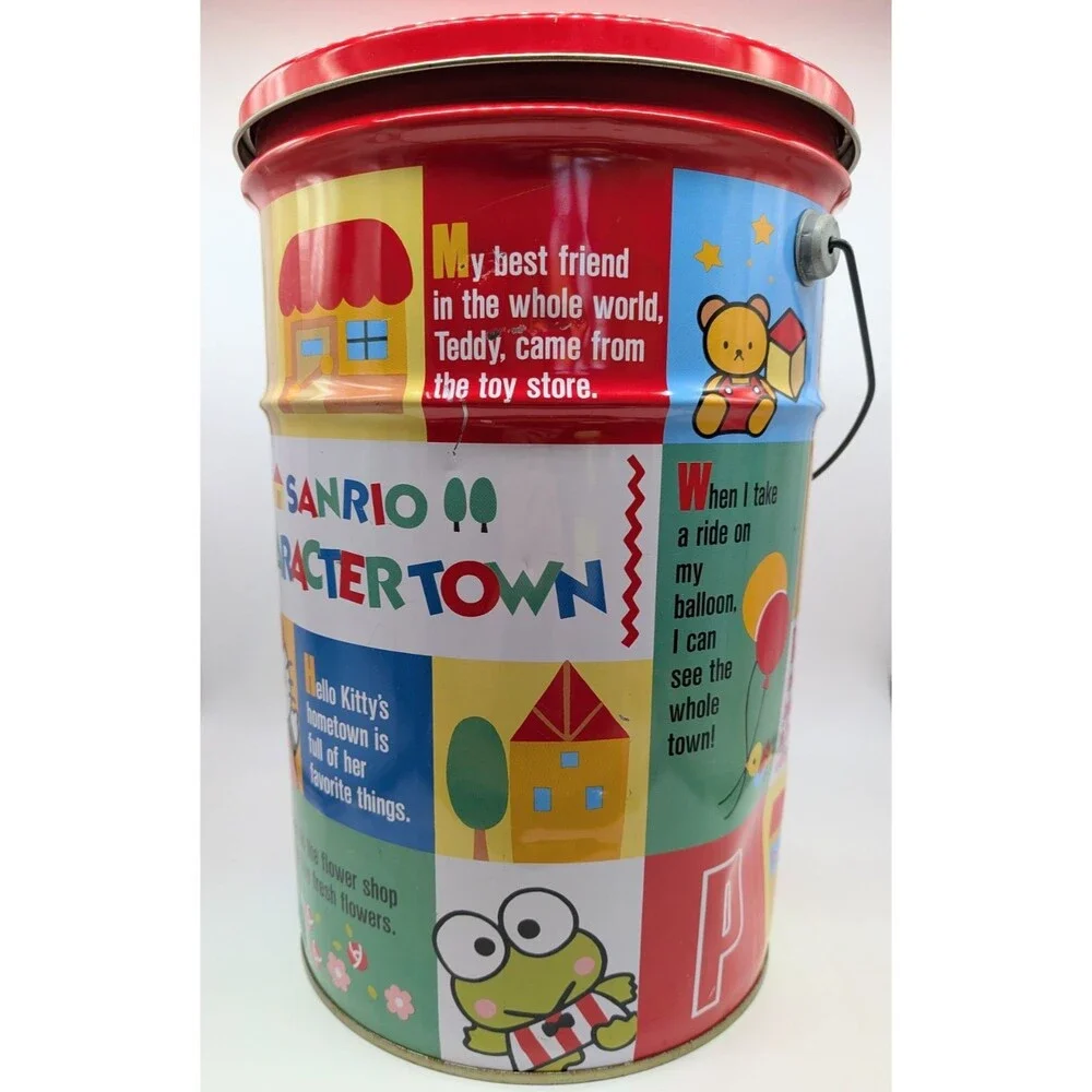 VTG Sanrio Hello Kitty Tin Bucket Pail Character Town With Handle And Lid 1990